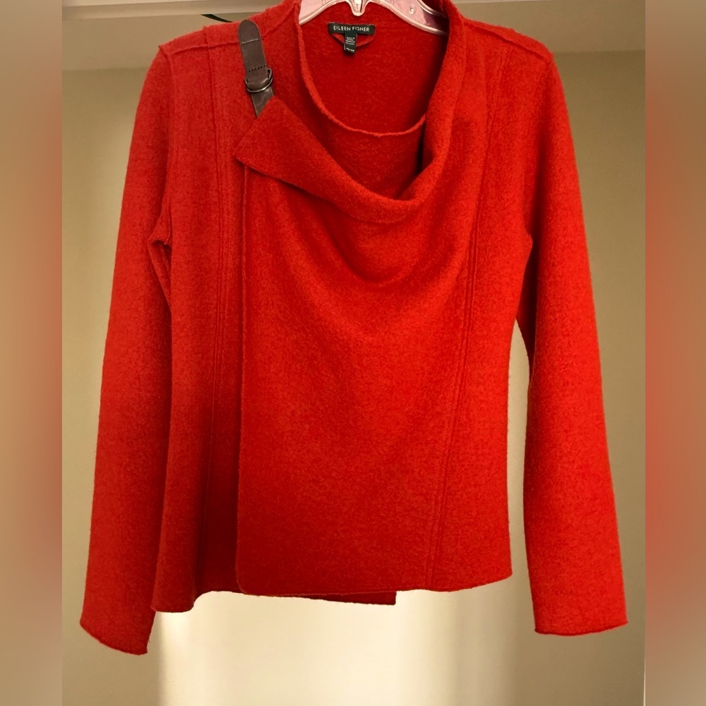 Eileen Fisher Bias twisted boiled wool red jacket - leather closure - XS